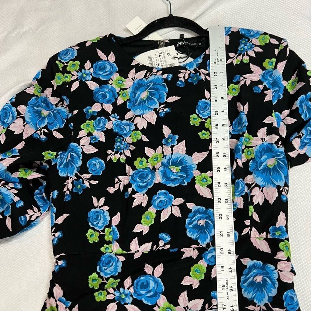 Zara Black Blue Floral Open Back Long Sleeve Dress Womens XL NWT - Picture 5 of 13